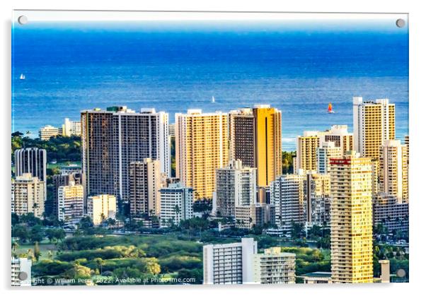 Colorful Hotels Ocean Waikiki Beach Tantalus Lookout Honolulu Ha Acrylic by William Perry