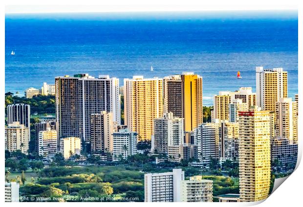 Colorful Hotels Ocean Waikiki Beach Tantalus Lookout Honolulu Ha Print by William Perry