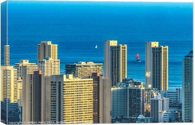 Colorful Hotels OceanSailboats Waikiki Beach Tantalus Lookout Ho Canvas Print by William Perry
