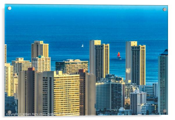 Colorful Hotels OceanSailboats Waikiki Beach Tantalus Lookout Ho Acrylic by William Perry