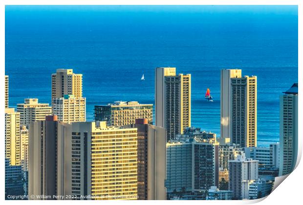 Colorful Hotels OceanSailboats Waikiki Beach Tantalus Lookout Ho Print by William Perry