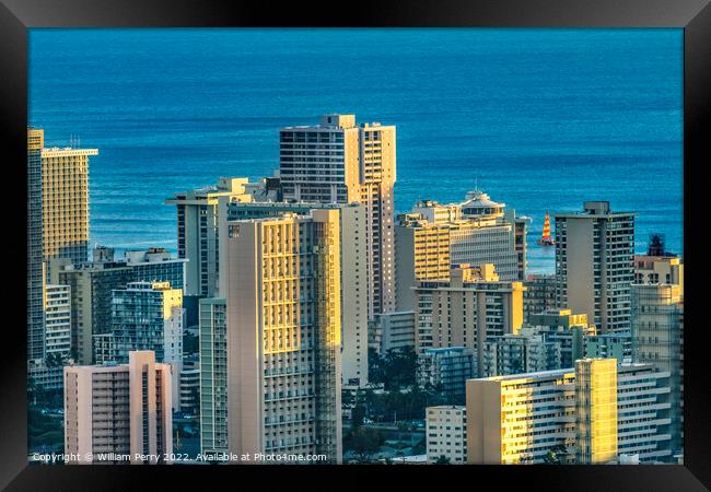 Colorful Hotels Ocean Waikiki Beach Tantalus Lookout Honolulu Ha Framed Print by William Perry