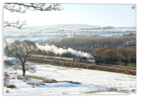 Steam and snow at Irwell Vale. Acrylic by David Birchall