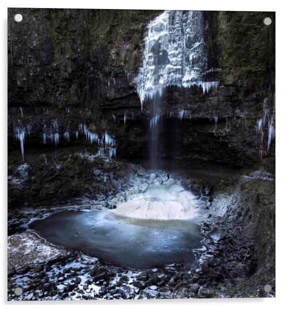 Ice covered Henrhyd Falls Acrylic by Leighton Collins