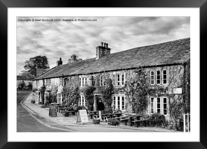 Red Lion Pub in Burnsall Yorkshire Black and White Framed Mounted Print by Pearl Bucknall