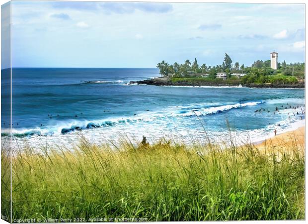 Surfers Waves Waimea Bay North Shore Oahu Hawaii Canvas Print by William Perry