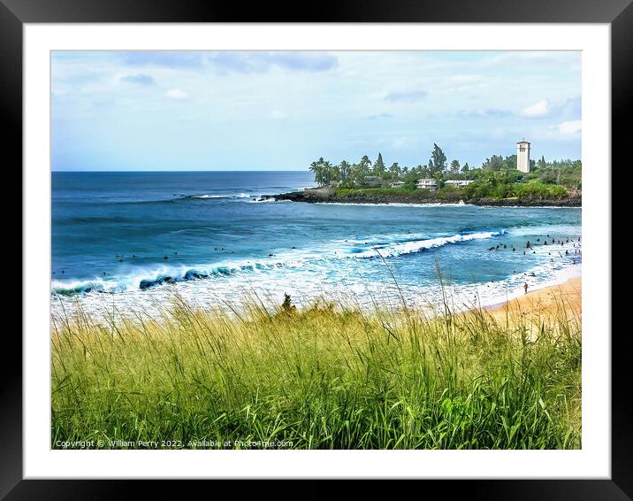Surfers Waves Waimea Bay North Shore Oahu Hawaii Framed Mounted Print by William Perry