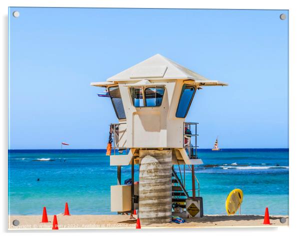 Colorful Lifeguard Station Waikiki Beach Honolulu Hawaii Acrylic by William Perry