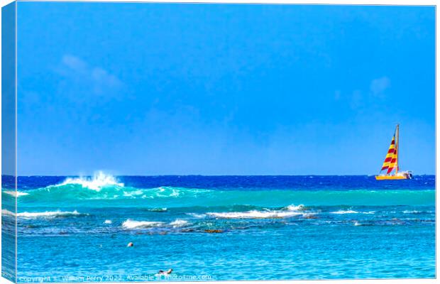 Colorful Sailboat Blue Water Waikiki Beach Honolulu Hawaii Canvas Print by William Perry