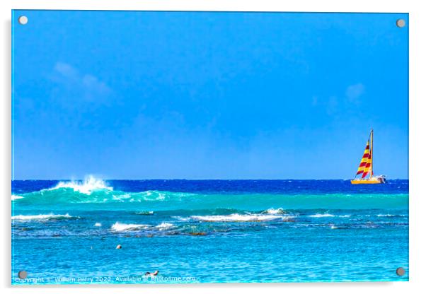 Colorful Sailboat Blue Water Waikiki Beach Honolulu Hawaii Acrylic by William Perry