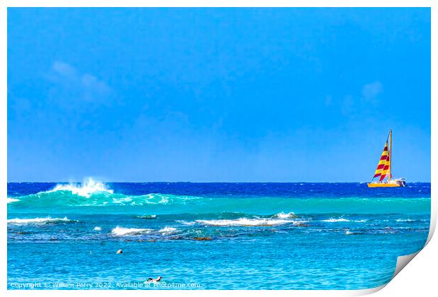 Colorful Sailboat Blue Water Waikiki Beach Honolulu Hawaii Print by William Perry