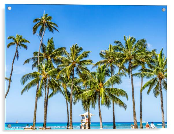 Colorful Lifeguard Station Palm Trees Waikiki Beach Honolulu Haw Acrylic by William Perry