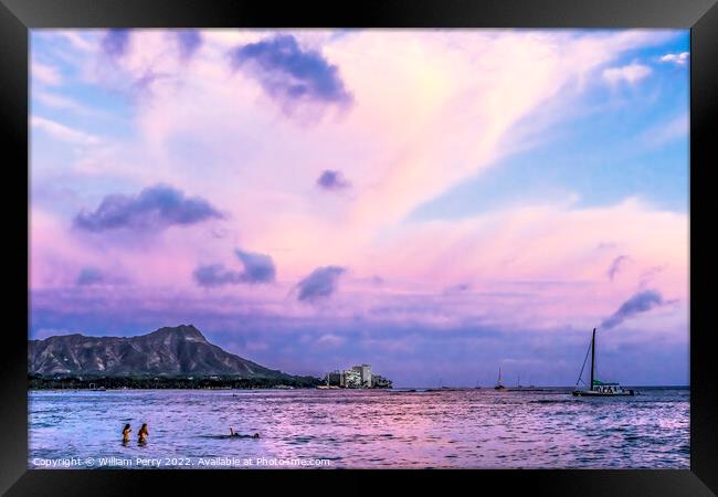 Pink Sunset Waikiki Beach Diamond Head Honolulu Hawaii Framed Print by William Perry