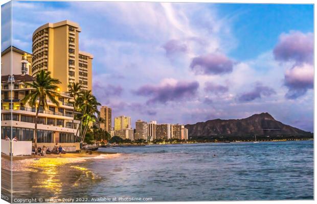 Colorful Waikiki Beach Swimmers Diamond Head Honolulu Hawaii Canvas Print by William Perry