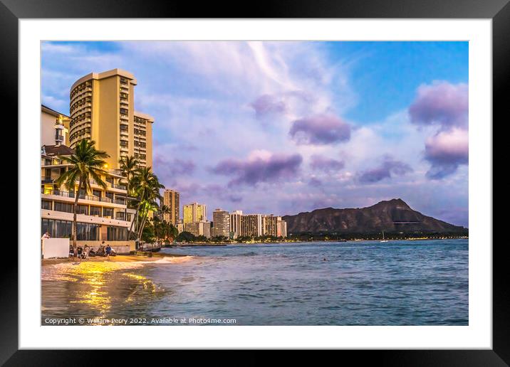 Colorful Waikiki Beach Swimmers Diamond Head Honolulu Hawaii Framed Mounted Print by William Perry