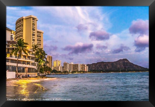 Colorful Waikiki Beach Swimmers Diamond Head Honolulu Hawaii Framed Print by William Perry