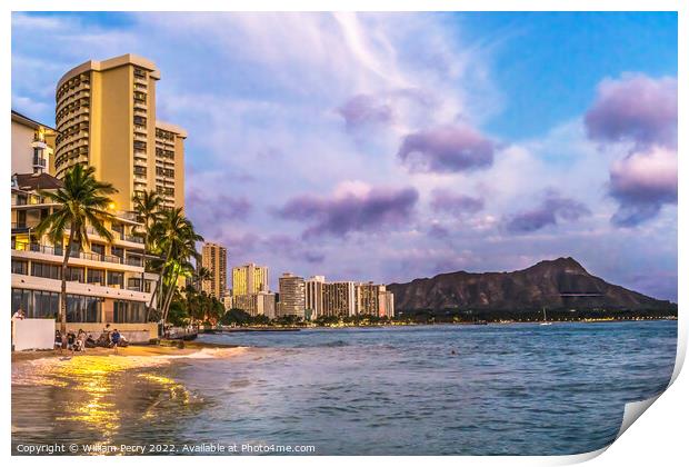Colorful Waikiki Beach Swimmers Diamond Head Honolulu Hawaii Print by William Perry