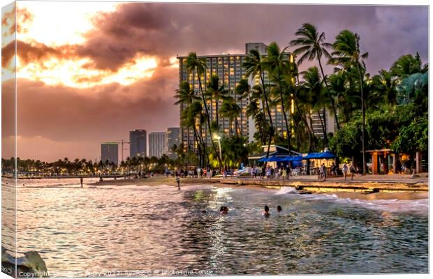 Colorful Evening Walking Trail Shops Waikiki Beach Swimmers Hono Canvas Print by William Perry