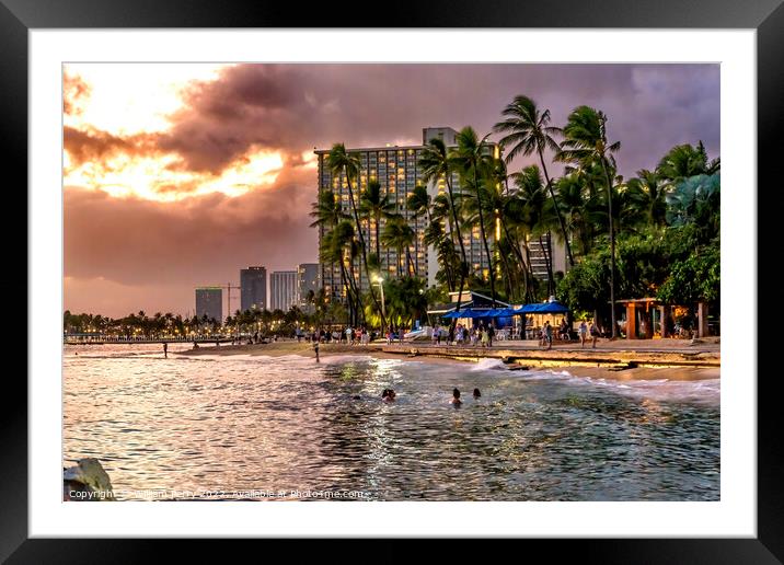 Colorful Evening Walking Trail Shops Waikiki Beach Swimmers Hono Framed Mounted Print by William Perry