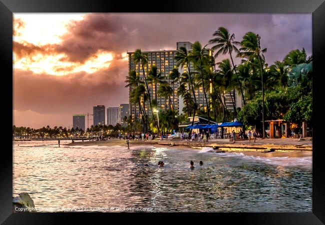 Colorful Evening Walking Trail Shops Waikiki Beach Swimmers Hono Framed Print by William Perry