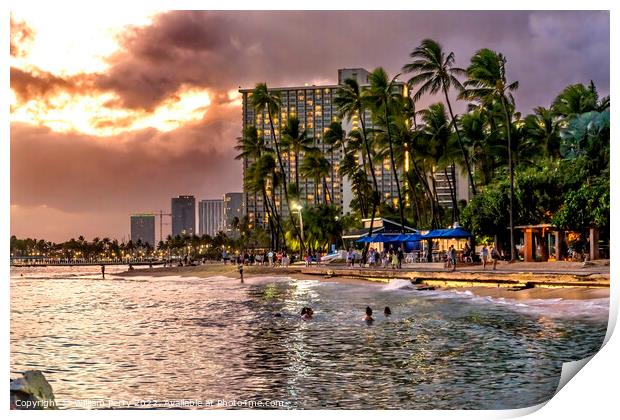 Colorful Evening Walking Trail Shops Waikiki Beach Swimmers Hono Print by William Perry