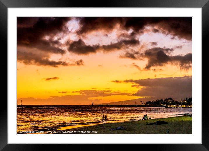 Colorful Sunset Evening Swimmers Sailboats Waikiki Beach Honolul Framed Mounted Print by William Perry