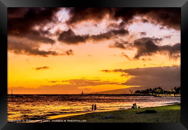 Colorful Sunset Evening Swimmers Sailboats Waikiki Beach Honolul Framed Print by William Perry