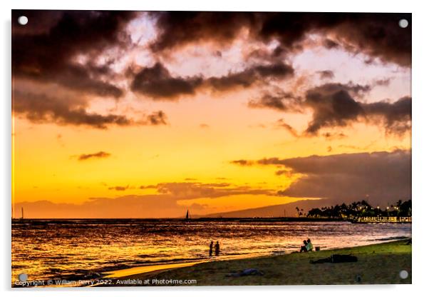 Colorful Sunset Evening Swimmers Sailboats Waikiki Beach Honolul Acrylic by William Perry