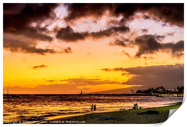 Colorful Sunset Evening Swimmers Sailboats Waikiki Beach Honolul Print by William Perry