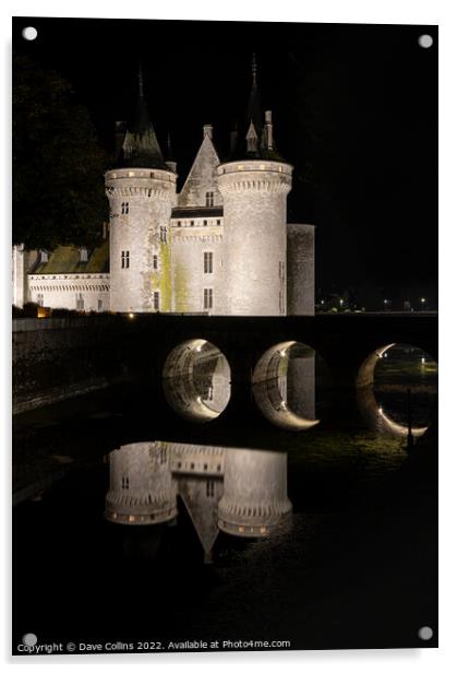 Night Reflections of Château de Sully-sur-Loire and the surrounding moat, Sully-sur-Loire, France  Acrylic by Dave Collins