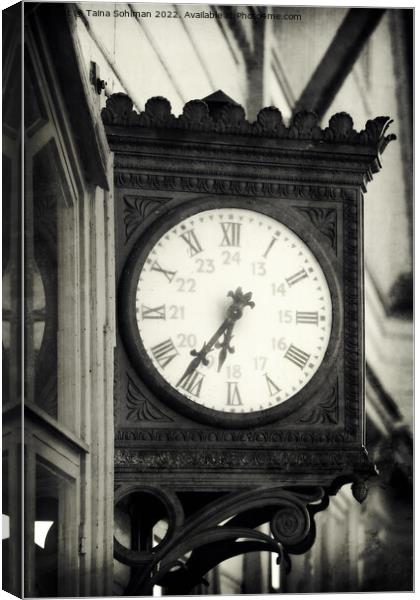 Old Outdoor Wall Clock at Railway Station Monocrom Canvas Print by Taina Sohlman
