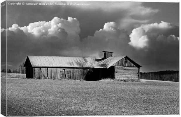 Country Barn Under Cloudy Sky Monochrome Canvas Print by Taina Sohlman