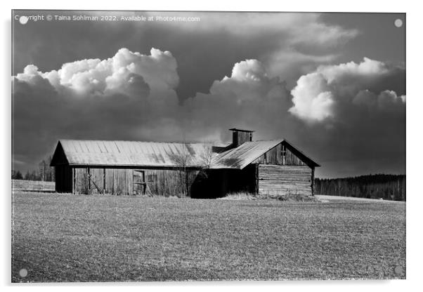 Country Barn Under Cloudy Sky Monochrome Acrylic by Taina Sohlman