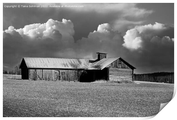 Country Barn Under Cloudy Sky Monochrome Print by Taina Sohlman
