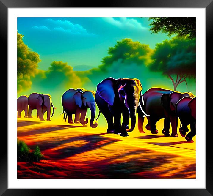 Dusk's Elephants Parade Framed Mounted Print by Roger Mechan