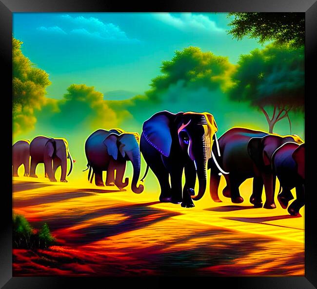 Dusk's Elephants Parade Framed Print by Roger Mechan