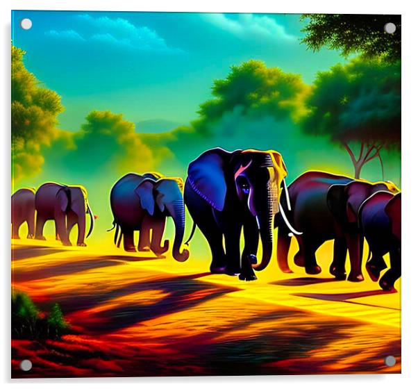 Dusk's Elephants Parade Acrylic by Roger Mechan