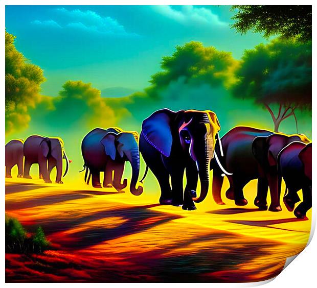 Dusk's Elephants Parade Print by Roger Mechan