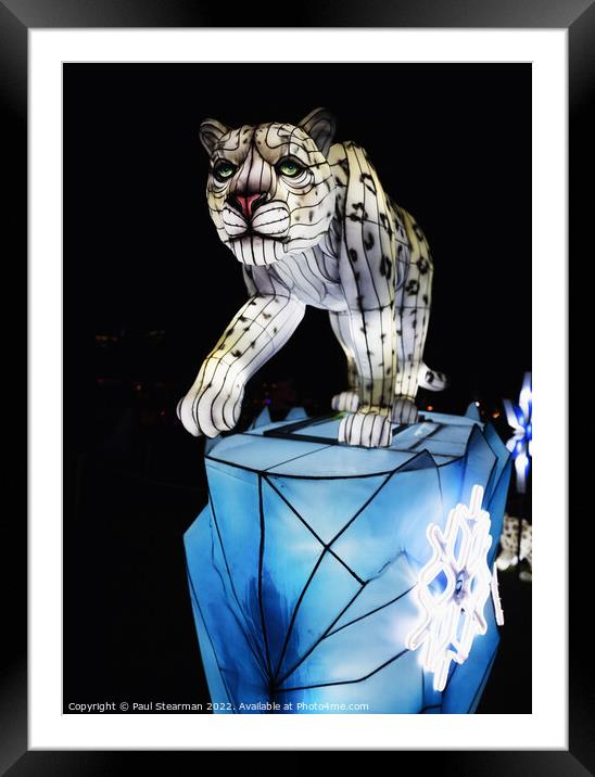 Abstract brightly lit  Snow Leopard taken at Night Framed Mounted Print by Paul Stearman