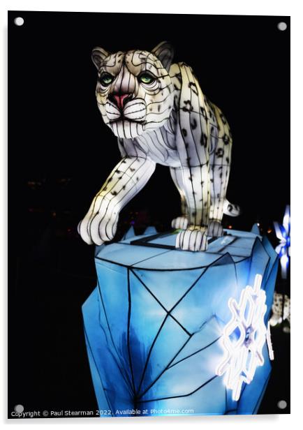 Abstract brightly lit  Snow Leopard taken at Night Acrylic by Paul Stearman