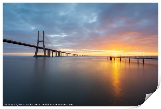 Vasco da Gama bridge, Lisbon, at sunrise Print by Paulo Rocha