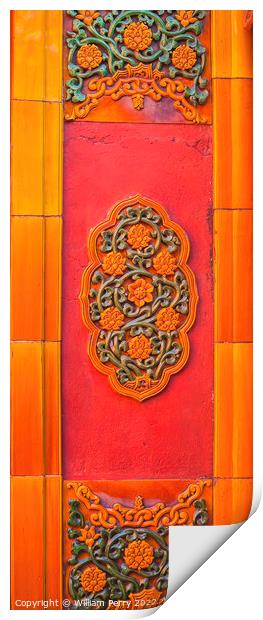 Ceramic Flowers Decorations Yellow Wall Forbidden City Beijing China Print by William Perry