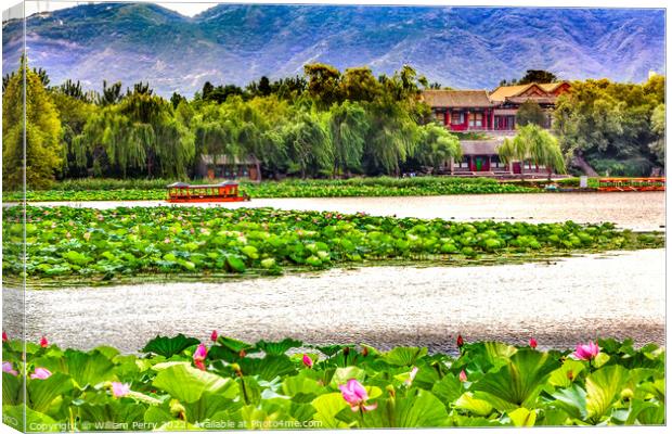 Lotus Garden Boat Buildings Summer Palace Beijing China Canvas Print by William Perry