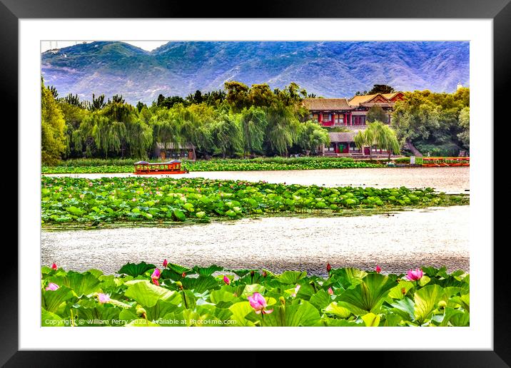 Lotus Garden Boat Buildings Summer Palace Beijing China Framed Mounted Print by William Perry