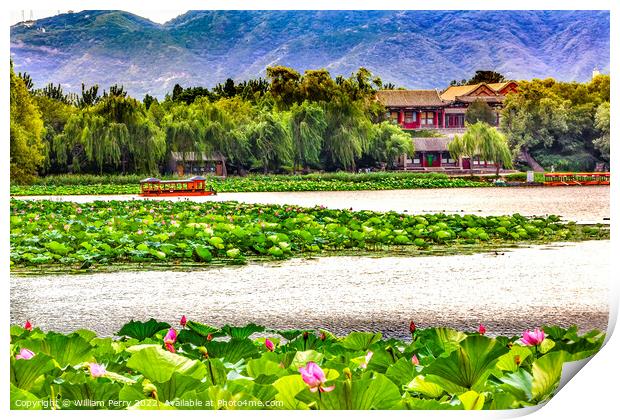 Lotus Garden Boat Buildings Summer Palace Beijing China Print by William Perry