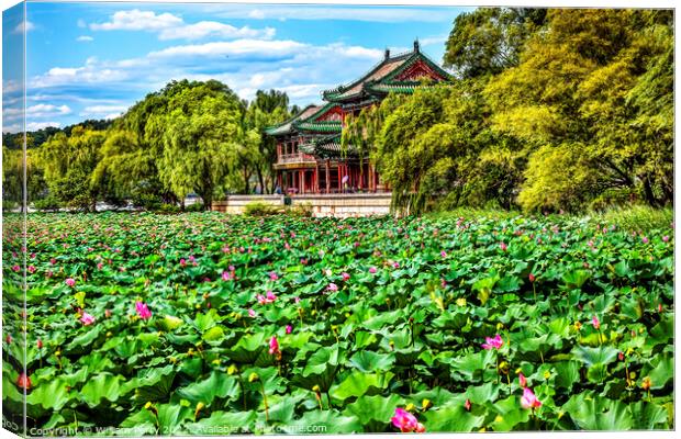 Red Pavilion Pink Lotus Garden Summer Palace Beijing China Canvas Print by William Perry