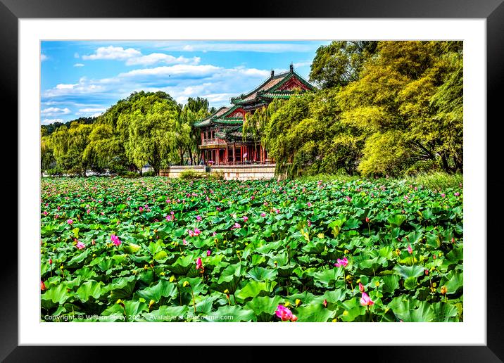 Red Pavilion Pink Lotus Garden Summer Palace Beijing China Framed Mounted Print by William Perry