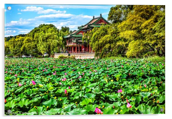 Red Pavilion Pink Lotus Garden Summer Palace Beijing China Acrylic by William Perry