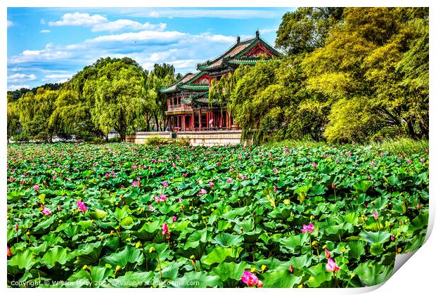Red Pavilion Pink Lotus Garden Summer Palace Beijing China Print by William Perry