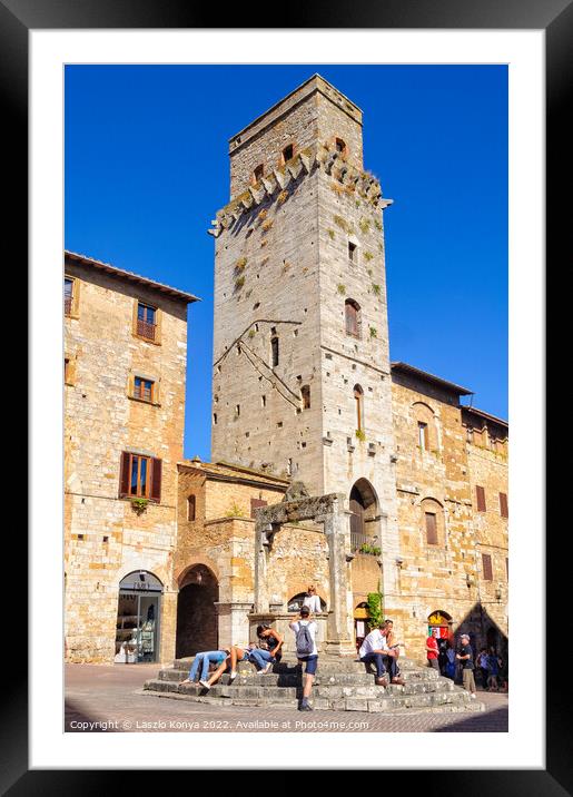 Piazza della Cisterna - San Gimignano Framed Mounted Print by Laszlo Konya